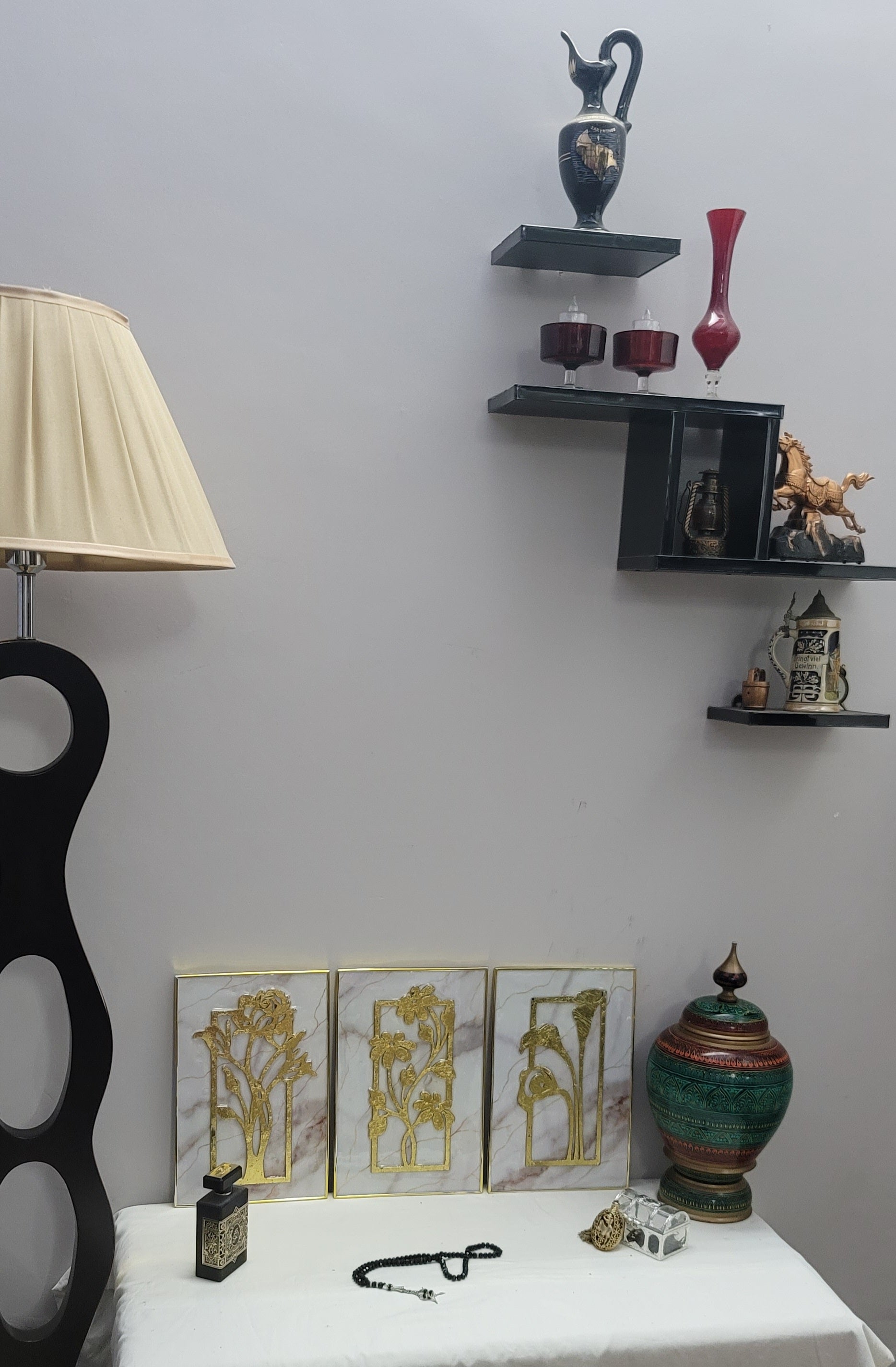 3 Panels Wall Art with 3d Gold Foil Flowers and Resin detailing