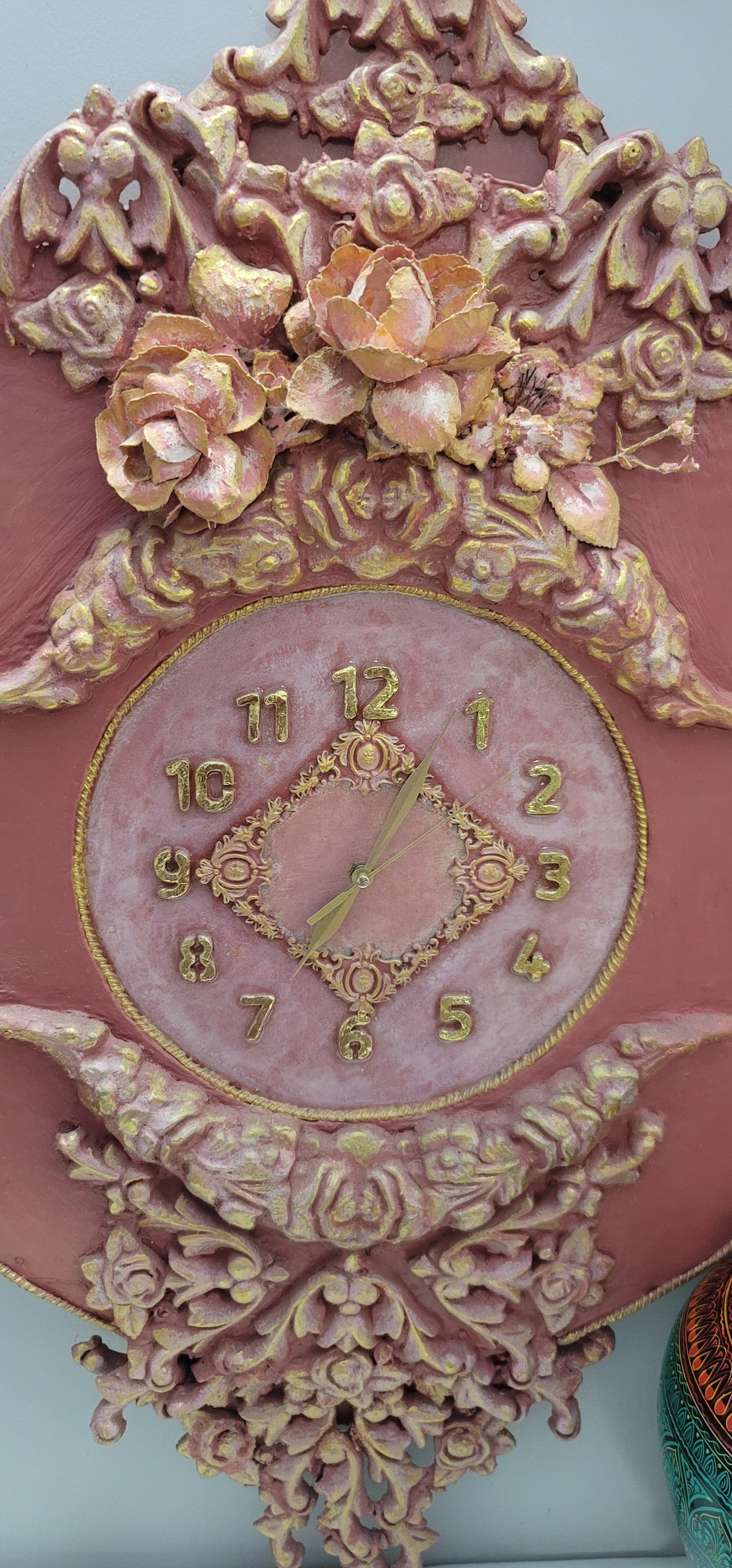 3d Wall Clock with Gold Foil digits, resin, and other sculptural material