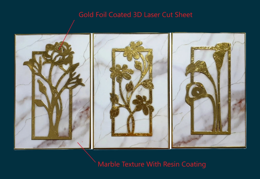 3 Panels Wall Art with 3d Gold Foil Flowers and Resin detailing