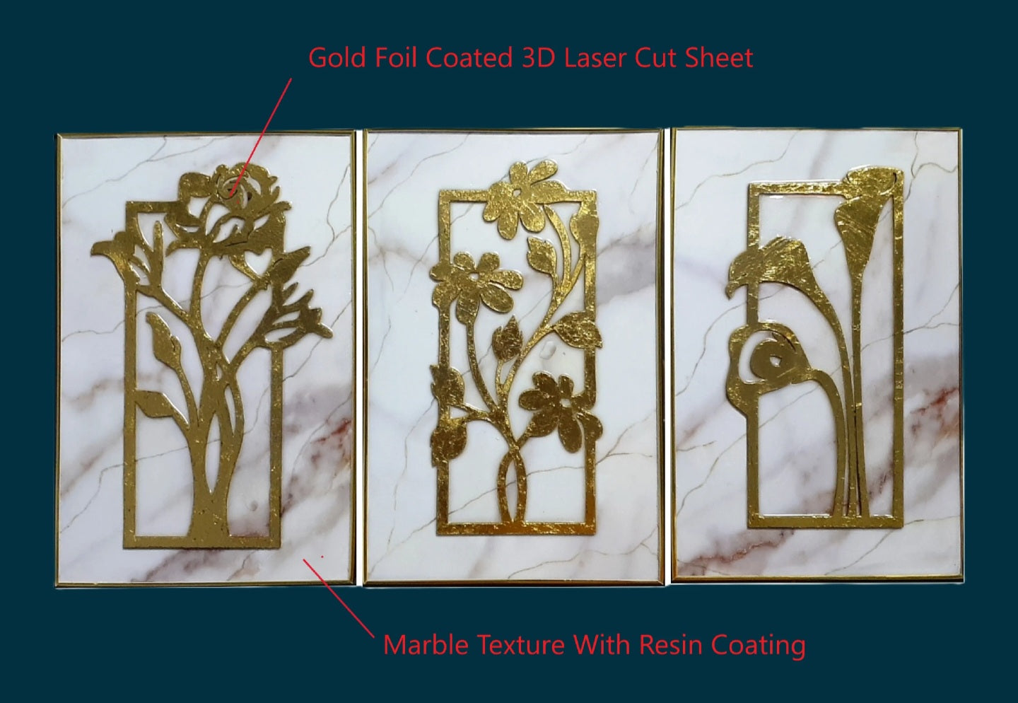 3 Panels Wall Art with 3d Gold Foil Flowers and Resin detailing