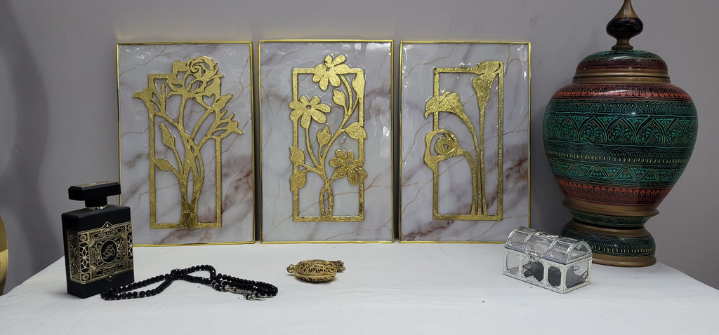 3 Panels Wall Art with 3d Gold Foil Flowers and Resin detailing