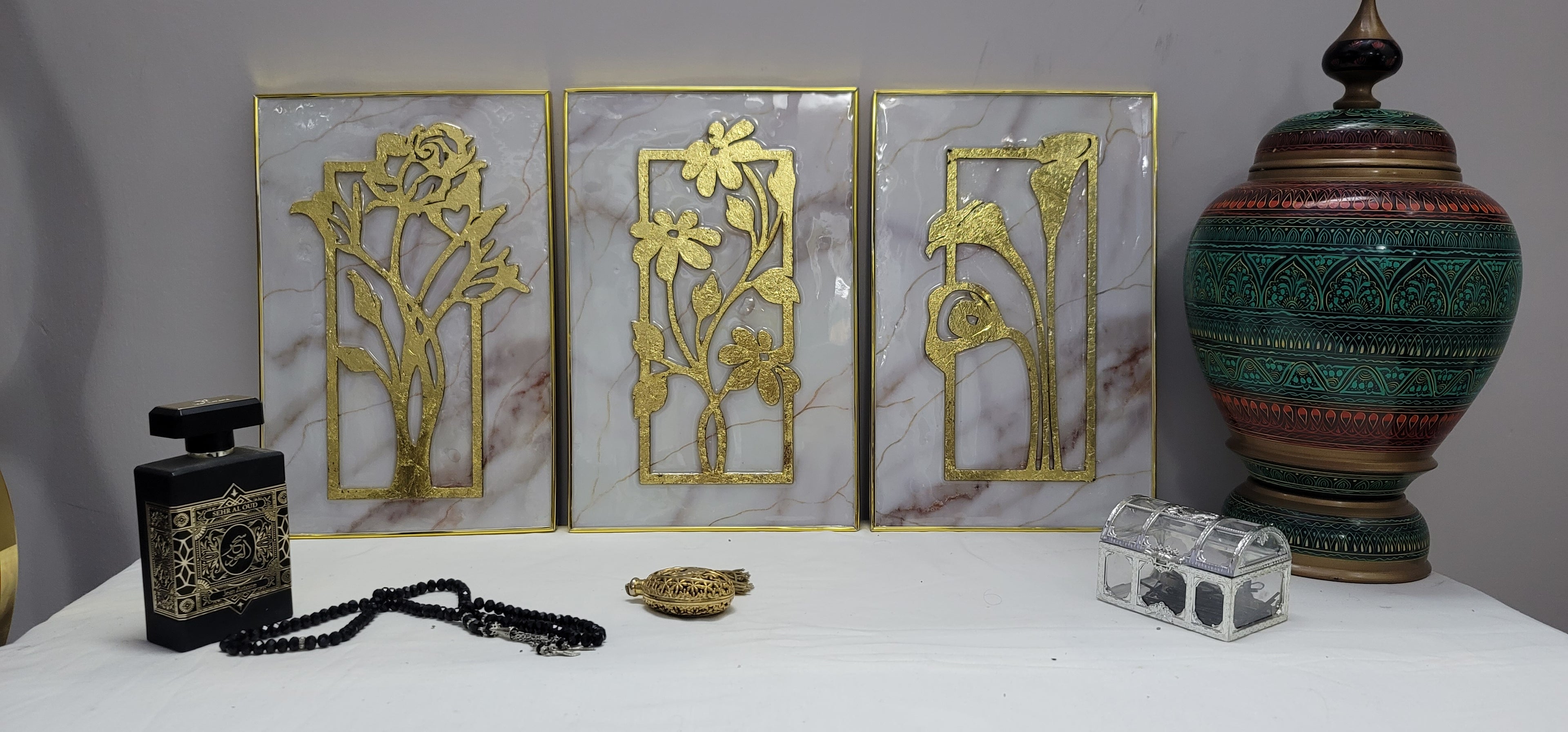 3 Panels Wall Art with 3d Gold Foil Flowers and Resin detailing